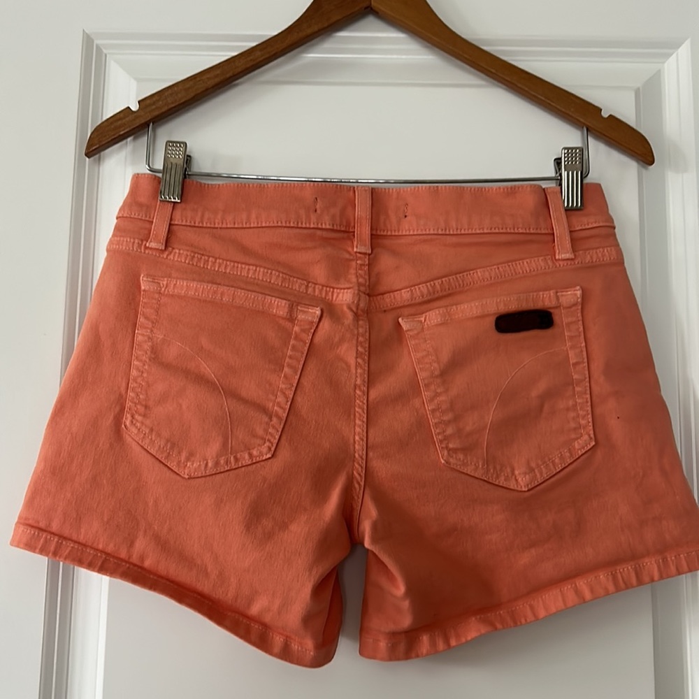 Joe's Jeans Mango Orange Shorts. 5 Pocket, Zipper Fly, Leather JJ Logo Sz 27